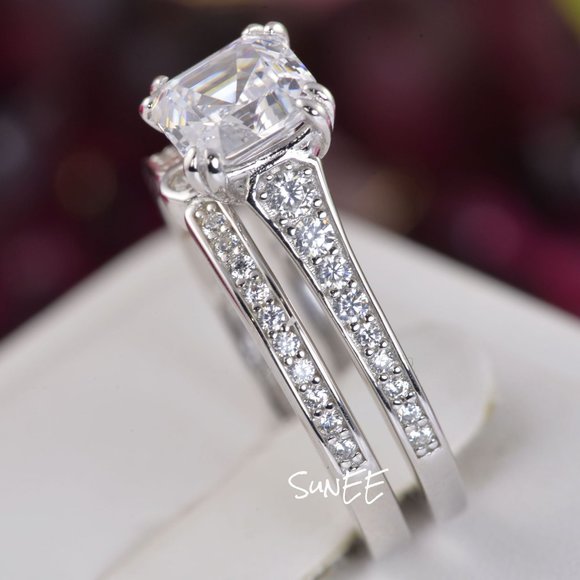 Real 925 Ascher Cut Wedding Engagement Ring Set - Picture 2 of 5